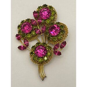 Vintage Golden Floral Brooch with Pink & Green Rhinestones pin approx. 3” x 2”